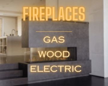 A fireplace in the background with the words, Fireplace at the top, followed by gas, wood and electric below it in a glowing orange font.